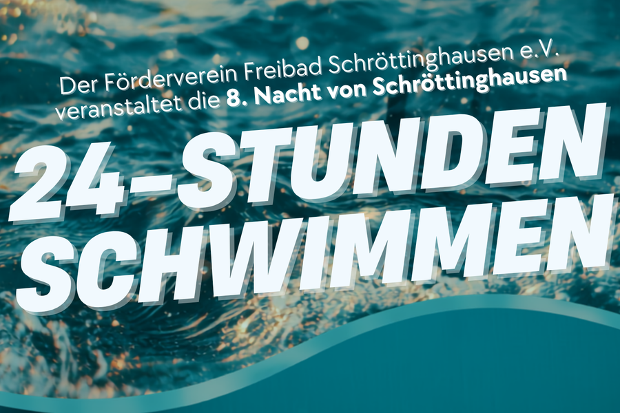 Plakat wirbt in großen Lettern für ein 24-Stunden-Schwimmen.